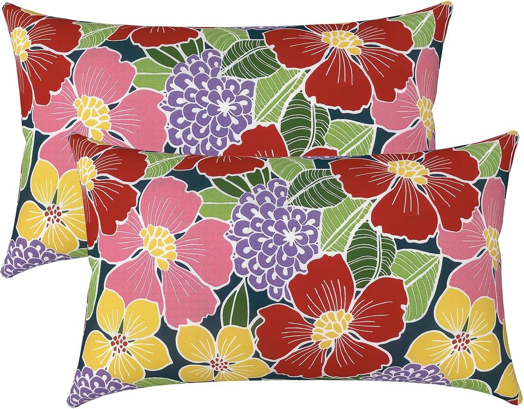 LVTXIII Set of 2 Patio Lumbar Pillows, 12" x 20" Fade Resistant Outdoor Lumbar Pillow with Inners, Fluffy Decorative Garden Lumbar Cushions for Home Patio Coach Sofa Use, Flower Bloom