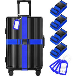 8 Pack Luggage Straps and Tags Set (4 Straps, 4 Tags), Luggage Straps for Suitcases TSA Approved Suitcase Belt Luggage Tags, Blue