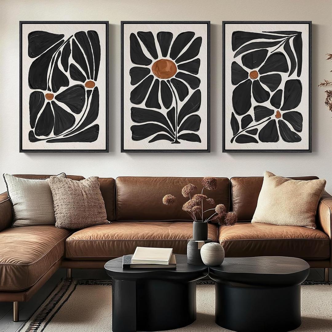 Large Framed Boho Floral Wall Art for Living Room, 3 Piece Mid-Century Modern Abstract Botanical Canvas Painting Prints Artwork for Walls, Black and White Flowers for Bedroom Hallway Office, 24x36