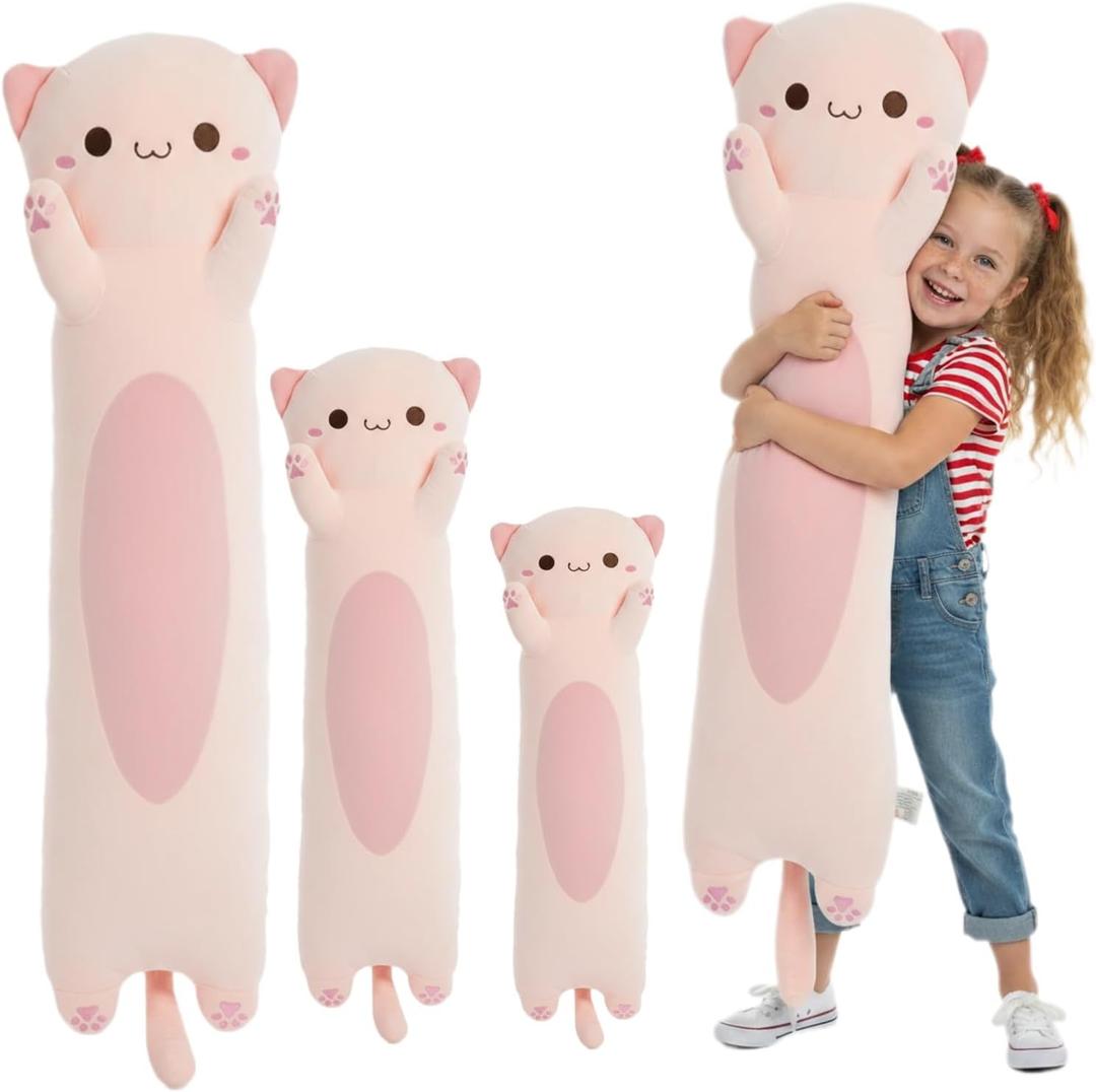 Long Cat Plush Toy  Ultra Soft Cat Plush Pillow Stuffed Animal for Kids & Adults, Kawaii Kitty Body Pillow, Cute Plushie Gift for Kids Girlfriend (Pink, Round Eyes, 90cm/35.43inch)
