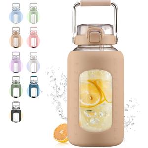 WINSA 84oz Glass Water Bottle with Stainless Steel Handle,2.4L Gallon Water Bottle with 2-IN-1 Straw Lid, Silicone Sleeve and Motivational Capacity Marker, Wide Mouth Water Jug For Gym, Workout, Amber
