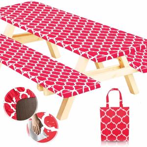 RNOONY 8ft Vinyl Picnic Table Cover with Bench Covers,3PCS Tablecloth with Moroccan Design, Camping Tablecloth and Travel Accessories, Flannel Backing with Elastic Edges,96x30 Inches (Red Moroccan)
