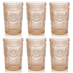 Kingrol 6 Pack 12 oz Colored Drinking Glasses, Premium Glassware Set for Water, Juice, Beverages, Cocktail - Romantic Embossed Design - for Wedding Party, Daily Use