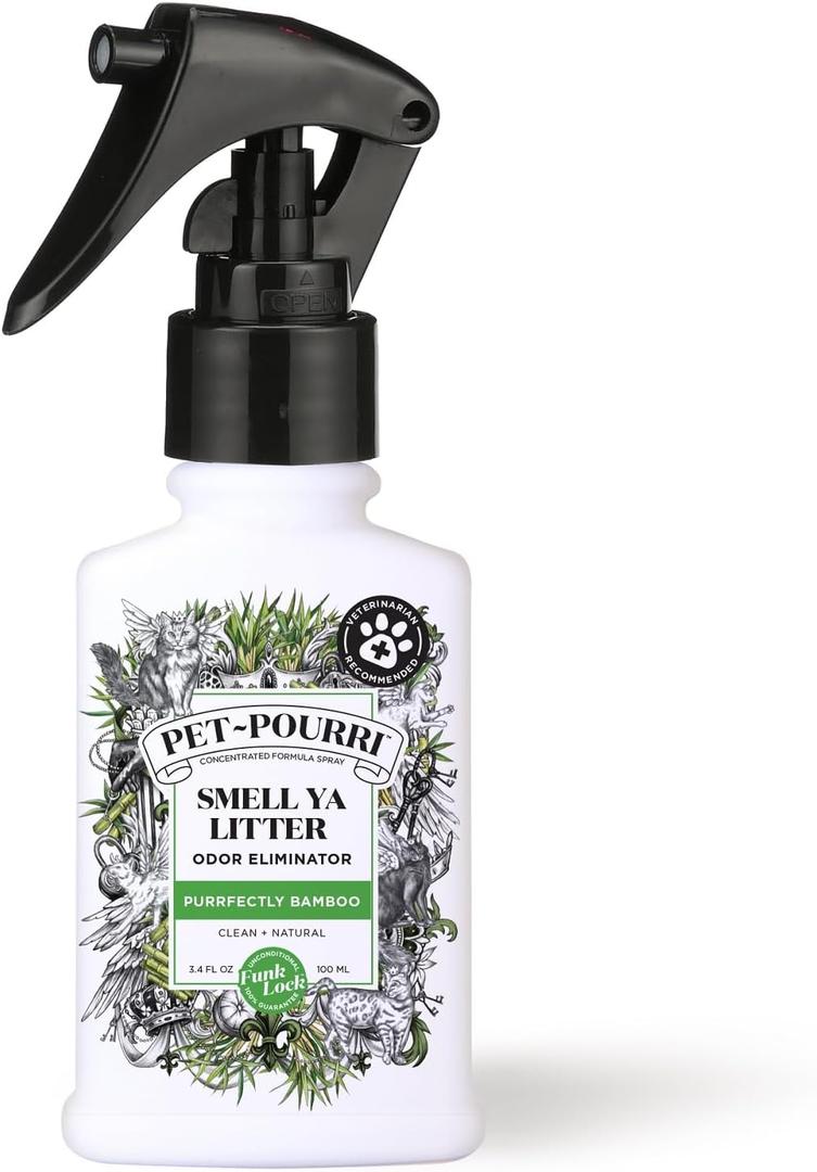 Pet-Pourri Smell Ya Litter Cat Litter Deodorizer Spray, Purrfectly Bamboo 3.4 Fl Oz, Up to 170 Uses, Pet Odor Remover with Essential Oils for Air, Carpet, Urine, Vet Recommended, Bergamot Bamboo Scent