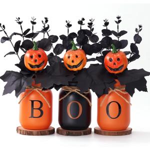 Halloween Table Decorations, Centerpieces for Tables with Boo Mason Jars, Black Fake Flowers, Pumpkin, Wood Coaster, Halloween Table Centerpiece Decor, Tabletop Home Bathroom Decor