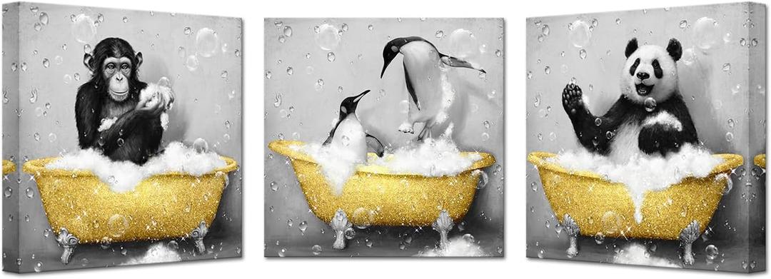 KREATIVE ARTS Funny Animals Bathroom Decor Wall Art Poster Prints Framed Set of 3 Wall Decor Humor Gorillas Penguins and Pandas in Bathtub Black and White Artwork Print (Yellow)
