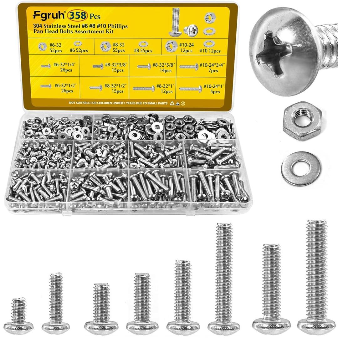 358PCS Machine Screws and Nuts Assortment Kit, #6-32#8-32#10-24 Phillips Pan Head Bolts Assorted, 304 Stainless Steel Nuts Bolts and Flat Washers Set