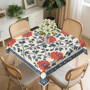 Square Tablecloth 54x54In Floral Table Cover 60x60In Washable Table Cover for Party Restaurant, Picnic, Indoor and Outdoor Dining, 54x54In, Red Flowers Ethnic Folk Style