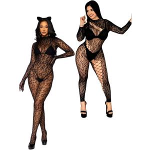 Womens 2 Pack Black Backless Mesh Leopard Jumpsuits One Piece Mock Neck Long Sleeve Lace Full Bodysuit Sexy Clubwear