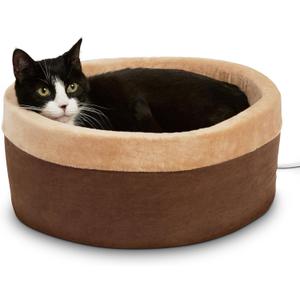 K&H Pet Products Thermo-Kitty Bed Heated Cat Beds for Indoor Cats & Dogs, Calming Warming Pillow Pet Bed, Machine Washable, Removable Heater, Safety Listed - Small 16" Round Mocha/Tan