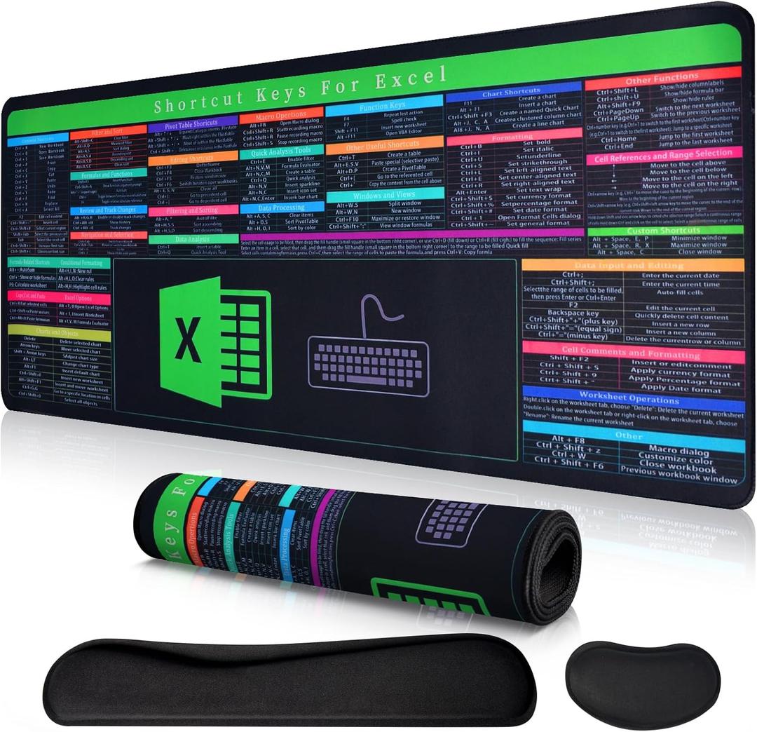 Excel Cheat Sheet Desk Pad Set  31.8"x11.8" Large 3-in-1 Excel Mouse Pad with Keyboard & Mouse Wrist Rest, Ergonomic Non-Slip Office Mat for Home & Work