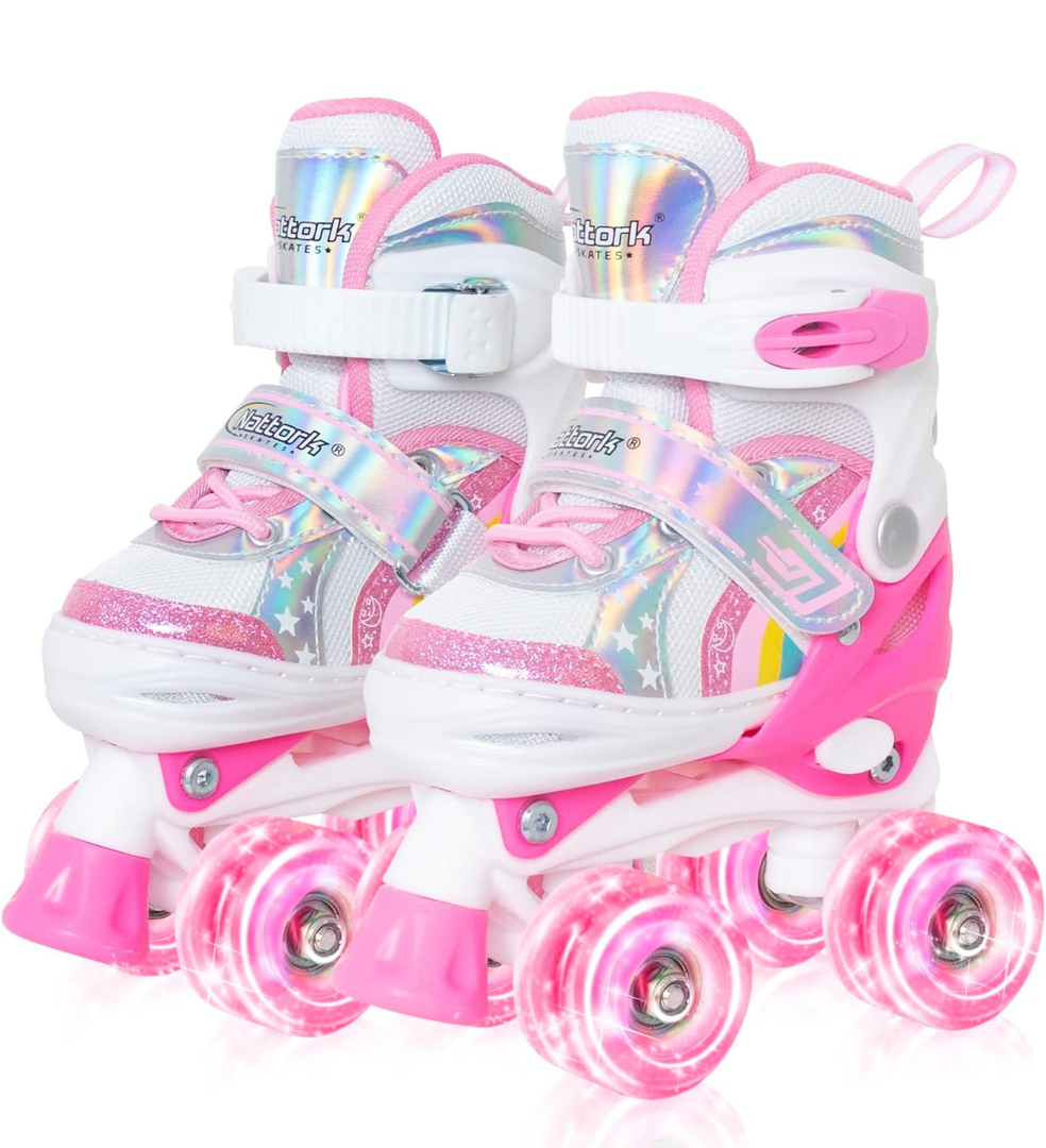 Nattork Girls Roller Skates for Kids, 4 Size Adjustable Rainbow Quad Skates with All Light Up Wheels - Best Birthday Gift for Outdoor Sports, S