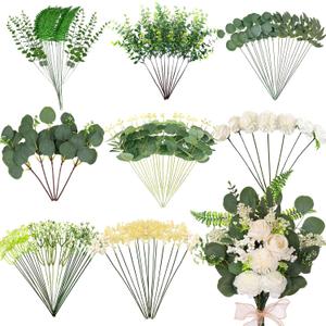 120PCS 15 Kinds Artificial Eucalyptus Stems Mixed Faux Eucalyptus Stems Leaves and Flowers Bulk Silver Dollar Eucalyptus Stems for Floral Arrangements Wedding Home Vase Bouquet Greenery Decoration (Sage Green & White)