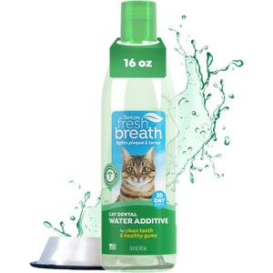 TropiClean Fresh Breath Water Additive for Cats, Cat Teeth Cleaning and Breath Freshener Solution, Complete No Brushing Dental Care, 16 oz.