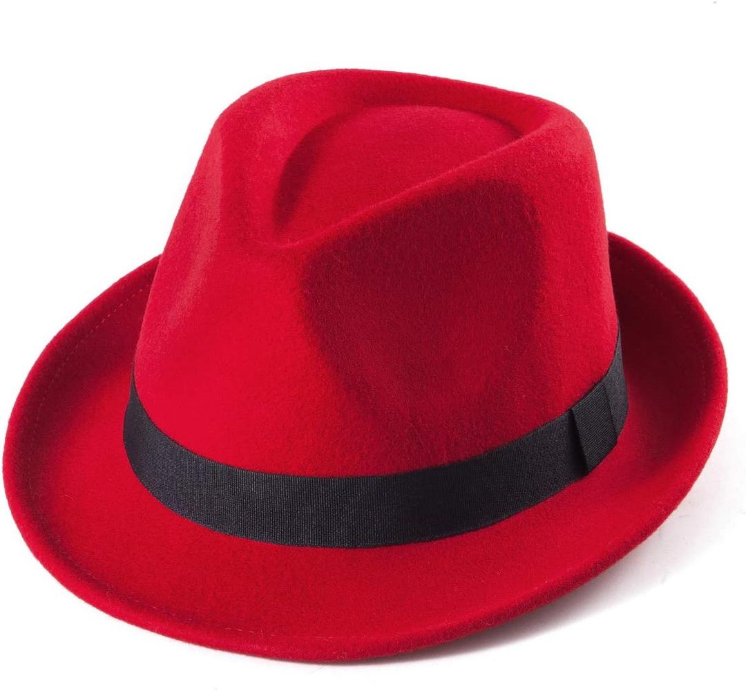 LADYBRO Straw Trilby Fedora Hat for Men 1920s Short Brim Wool Felt Panama Cap 7 1/4 (05 Red, Size: 7 1/4 (58cm), Fits 22" - 22 7/8")