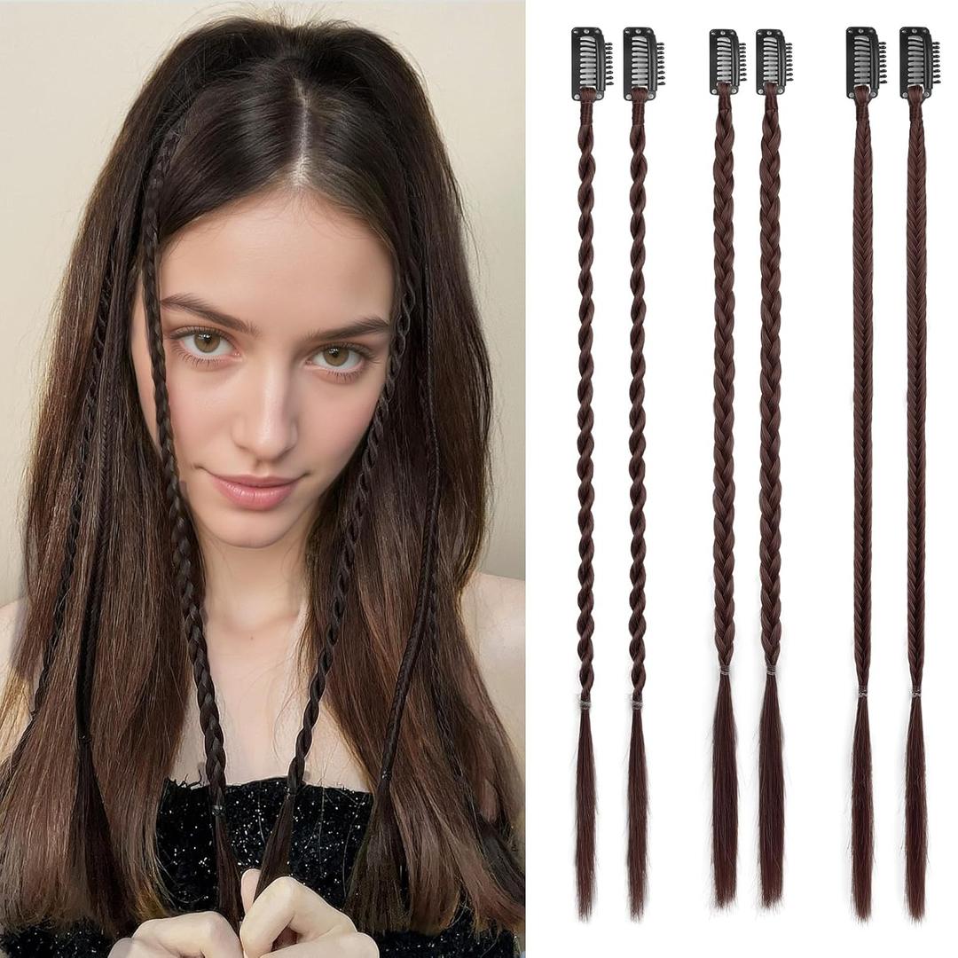 REECHO 6PCS Clip in Braid Hair Extensions for Women 14 Inch Clip in Braids Synthetic Braided Hairpieces for Daily Costume Party, Dark Chocolate Brown