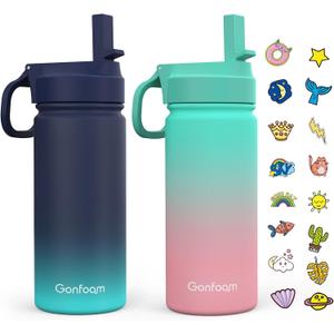 Kids Water Bottle, 2-Pack 16oz Water Bottles with Stickers and Straw, Stainless Steel Vacuum Insulated cup, Kids Water Bottle for School, Gifts for Boys and Girls(Blue/Green)