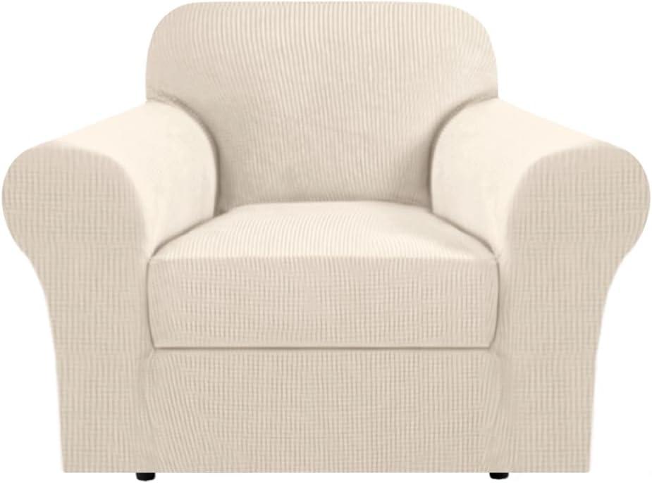 H.VERSAILTEX Stretch Armchair Cover 2 Piece Chair Covers for Living Room Furniture Cover Suit for T Cushion/Box Cushion, Spandex Jacquard Fabric Small Checks(Armchair-Standard, Natural)
