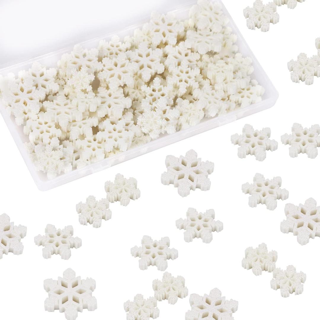 Tiny Resin Snowflakes Embellishment Christmas Decorative Snowflake Decor Small White Snow Shaped Flatback Charms Ornaments with Box, 3 Sizes