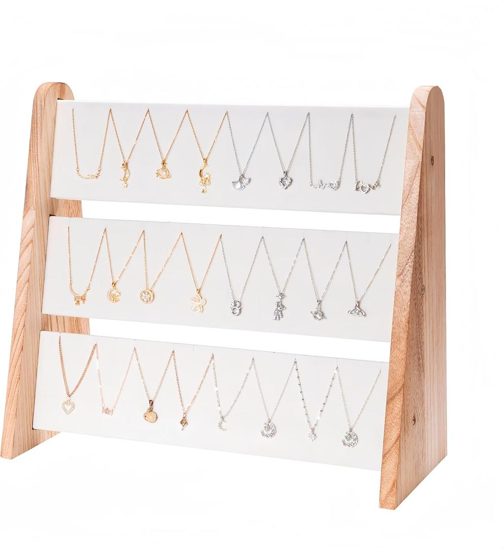 Necklace Holder 3 Tier Wood Necklace Organizer Stand with White Velvet, Necklace Display Stand for Selling, Chain Necklace Holder Rack for Show, 72 Necklaces Bracelets