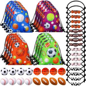 Panelee 16 Sets Sports Party Favors Baseball Soccer Basketball Football Birthday Supplies 16 Drawstring Bags 16 Charm Bracelets 16 Mini Foam Balls for Gift Fillers Games Rewards Supplies