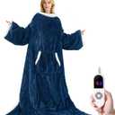 Heated Wearable Electric Blanket with Sleeves & Foot Pocket, Stripe Fleece Sherpa, 6 Heat Levels 12H Timer Setting, Over-Heat Protection, Machine Washable, 52x72 Inches Gray for Office/Home/Gift (Long, Navy Blue)