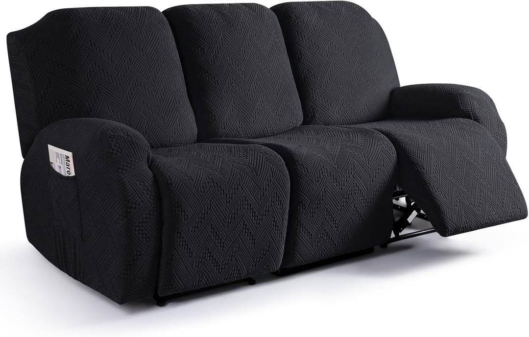 Ruaozz Recliner Sofa Covers Recliner Chair Covers Couch Covers for Reclining Couches with Pockets Washable Furniture Protector with Elastic Bottom (3 Seater, Black)