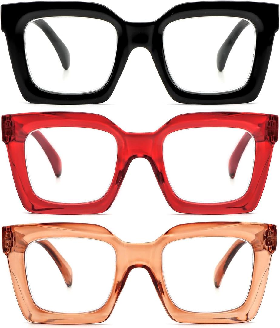 REAVEE 3 Pack Thick Frame Oversized Reading Glasses for Women Blue Light Blocking Computer stylish Readers with Spring Hinge (Black + Red + Brown)
