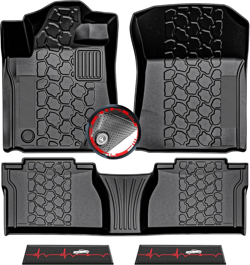 2014-2021 Toyota Tundra Double Cab & Crew Max Cab Floor Mats, Anti-Slip 3D Custom Fit Floor Liners for 1st & 2nd Rows, All-Weather Rubber Mats with Detachable Weather Strips, Odorless & Easy to Clean