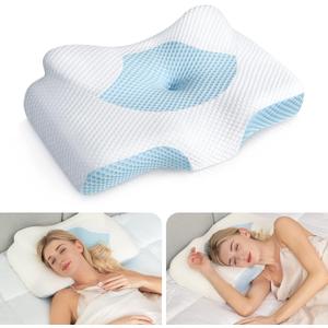 Osteo Cervical Pillow for Neck Pain Relief, Hollow Design Odorless Memory Foam Pillows with Cooling Case, Adjustable Orthopedic Bed Pillow for Sleeping, Support for Side Back Sleepers (Queen(25.5*16.5*5.2/4.1 inches), Blue)