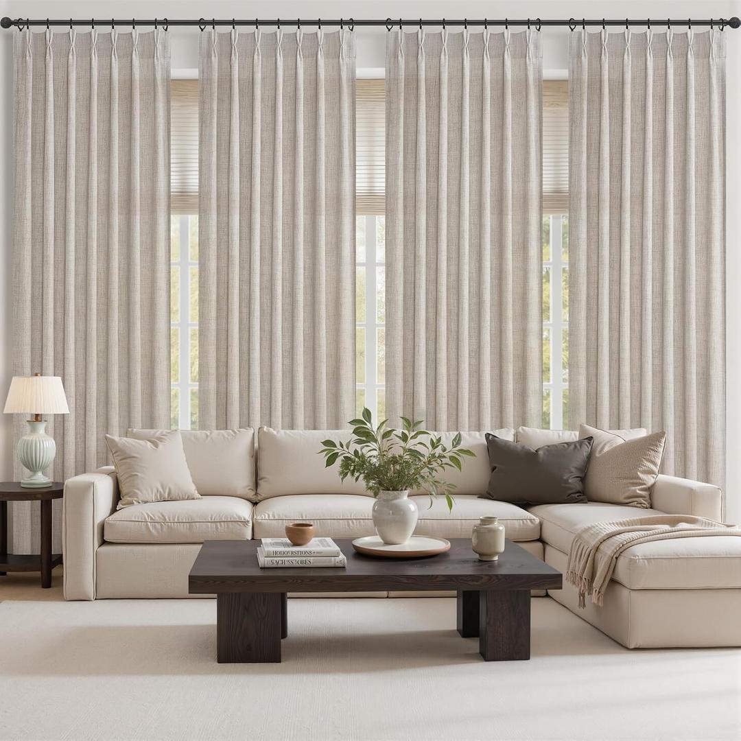 Greyish Brown Linen Sheer 90 Inch Curtains for Sliding Glass Doors 4 Panels Set, Memory Trained Pinch Pleated Light Filtering Country Windows Curtain 90 Inches Long Dining Room Privacy Heavy Drapes