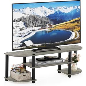 Furinno TURN-S-TUBE Wide 2-Tier TV Stand, Small Elevated No Tools TV Stand, TV Entertainment Center for TV up to 55 Inch, 47.25" x 13.4" x 15.9", French Oak/Black (4-Tiers with Round Corner)