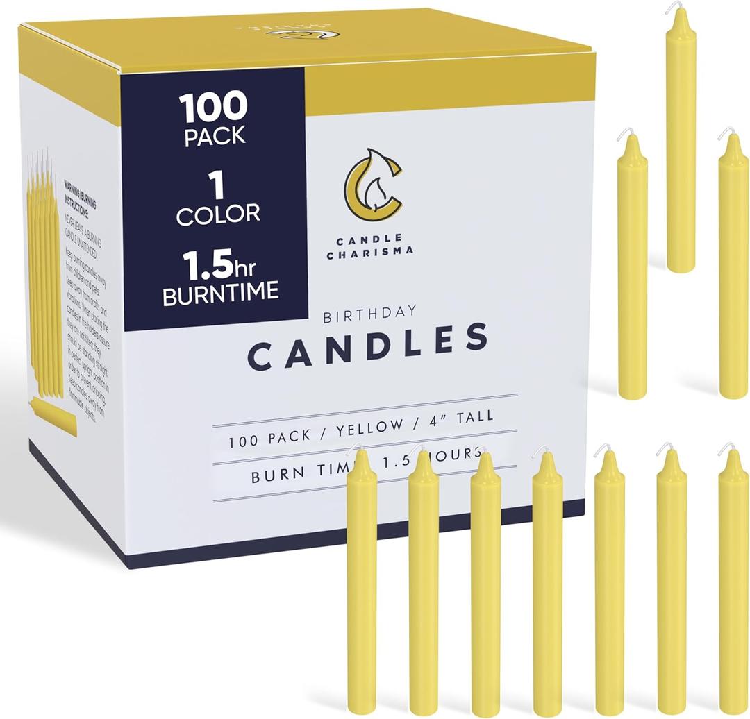 Candle Charisma 100 Yellow Spell Candles - 4" Unscented Paraffin Chime Candles, Smokeless & Dripless, Colored Candles, 1.5 Hours Burn Time 0.4" Thick Taper Candles for Parties