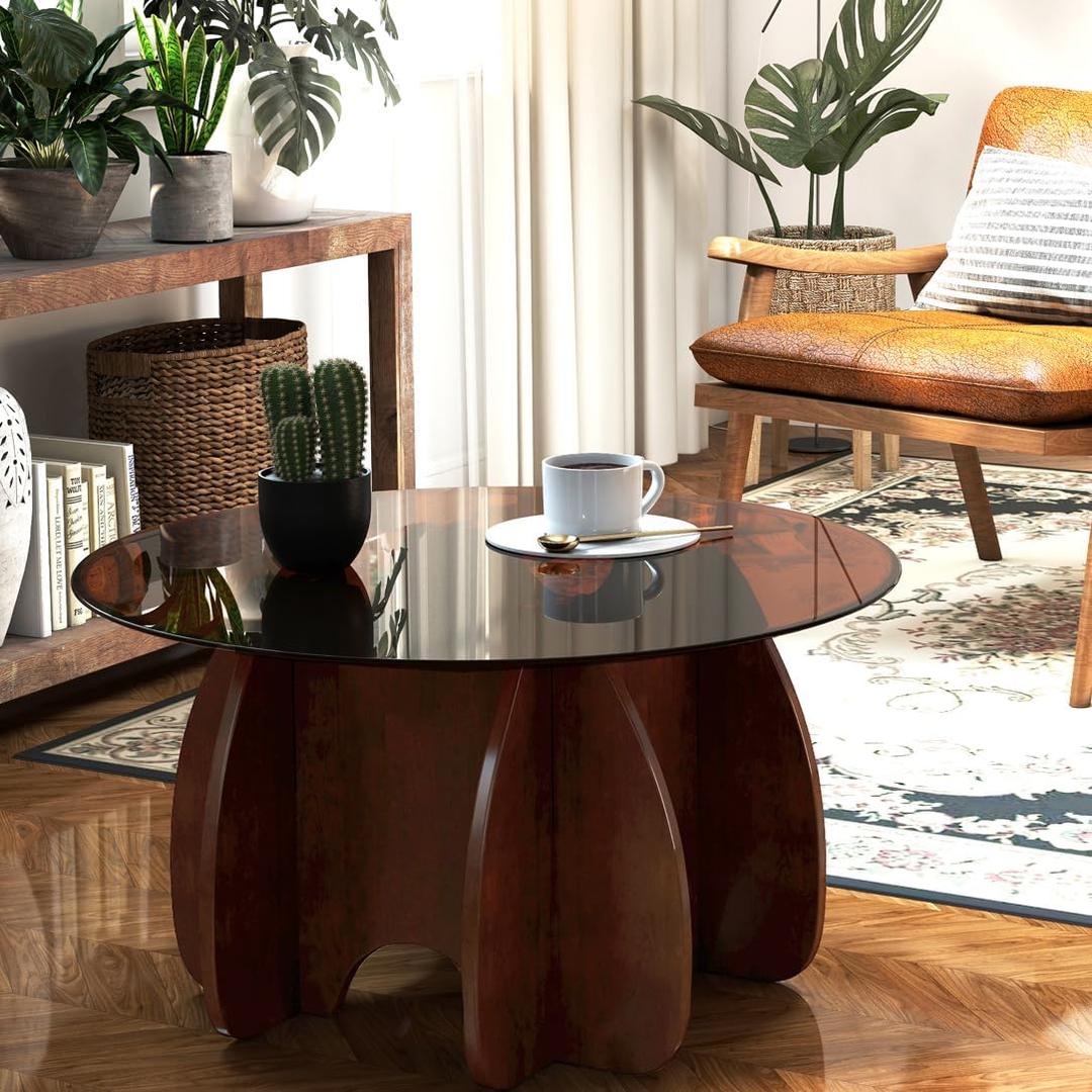 Round Glass Coffee Table - 30 Inch Diameter Brown Tempered Top with Walnut Solid Wood Legs - Modern Mid Century Center Trestle for Living Room Small Spaces and Minimalist Home Decor Furniture
