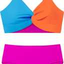 Girls Swimsuit Bathing Suit Color Block Twist Adjustable Double Shoulder Straps Bikini Girls 2 Piece Set (15-16 Years, Blue+orange)
