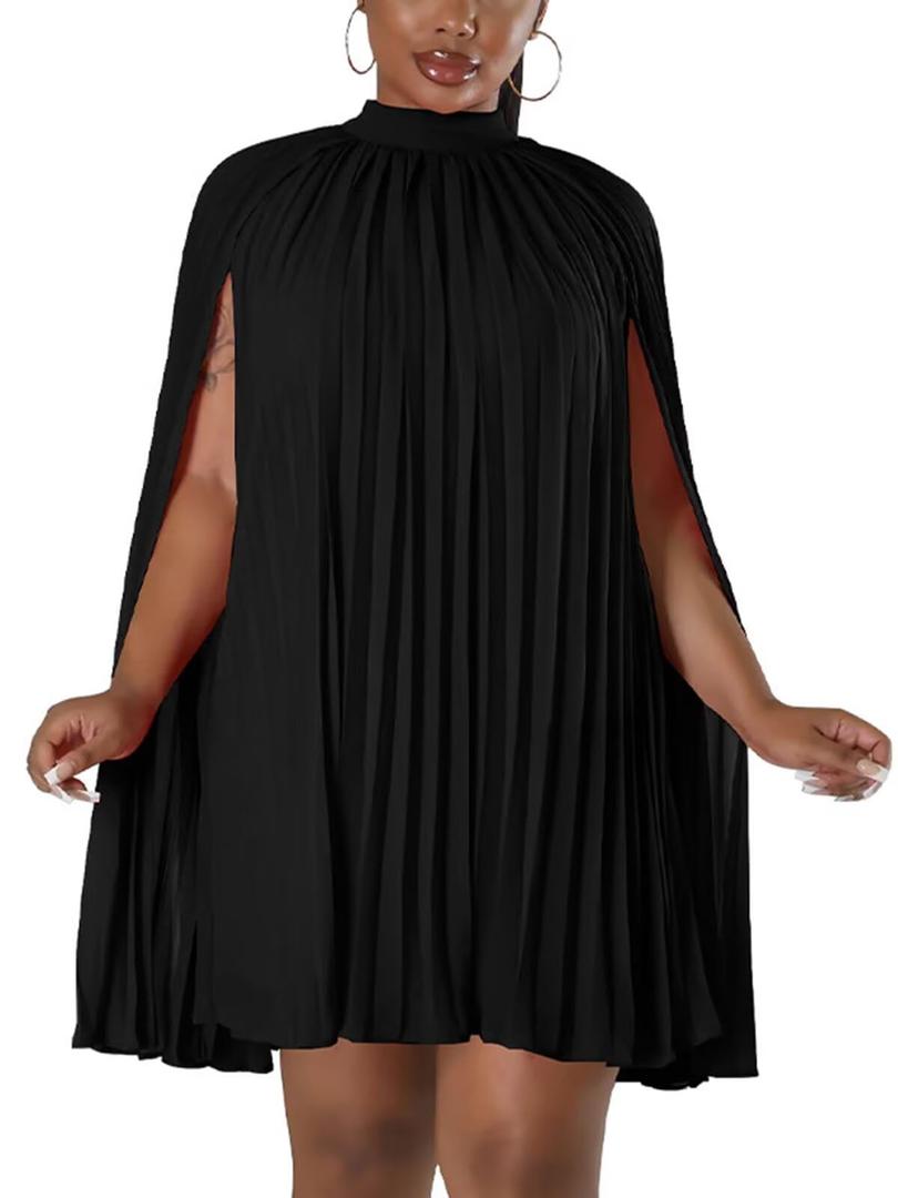 Women’s Casual Cape Sleeve Pleated Split Short Dress Loose Fit Cocktail Party Flowy Dress.XL