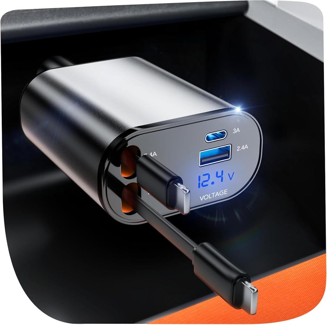 Retractable Car Charger, 4 in 1 Fast Charging 69W, Cigarette Lighter Adapter 2 Retractable iPhone Cables and USB Car Charger,Compatible with iPhone 15/14/13/12/11,Galaxy,Pixel