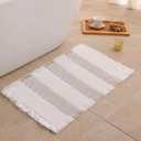Waffle Bath Mat Non Slip, Boho Bathroom Rug, Super Absorbent Quick Dry Bathroom Mat, Soft Farmhouse Bath Rug with Tassels, Small Washable Shower Mats for Floor 16"x24", White and Taupe