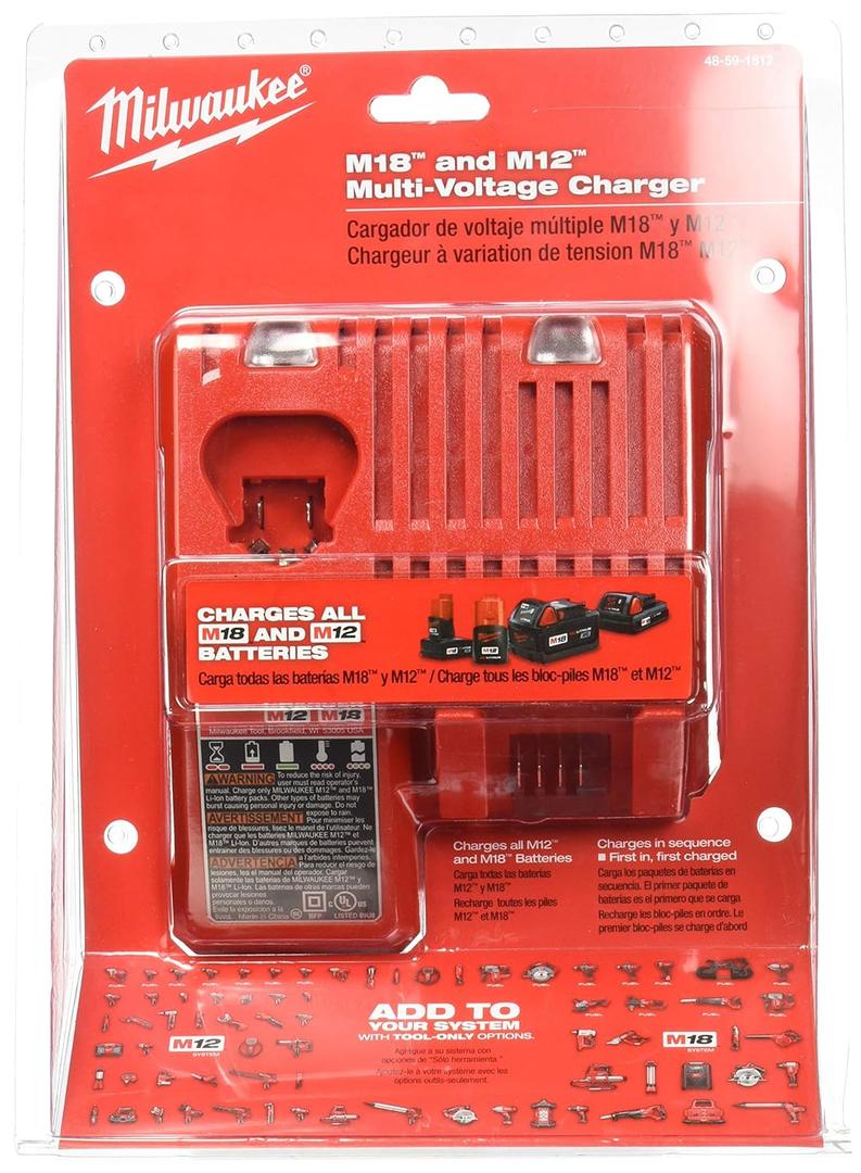 Milwaukee 48-59-1812 M12 or M18 18V and 12V Multi Voltage Lithium Ion Battery Charger w/ Onboard Fuel Gauge