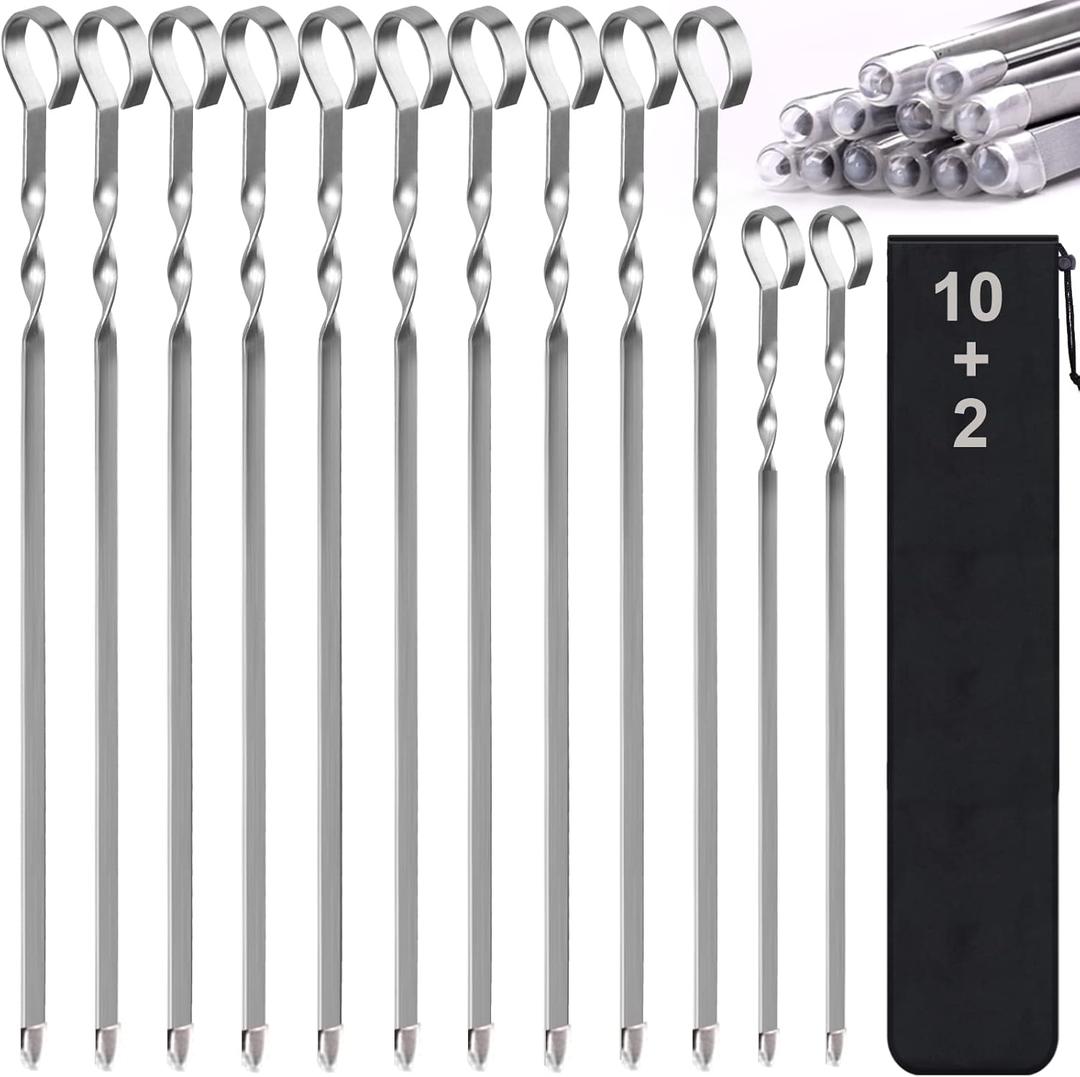 Skewers - 17" Kabob Skewers for Grilling, Metal Sticks for Kabobs Stainless Steel Flat Long Shish Kebab Reusable Grill BBQ Barbecue Sticks for Meat Chicken Vegetable, 12 Pack Bonus 14 Inch