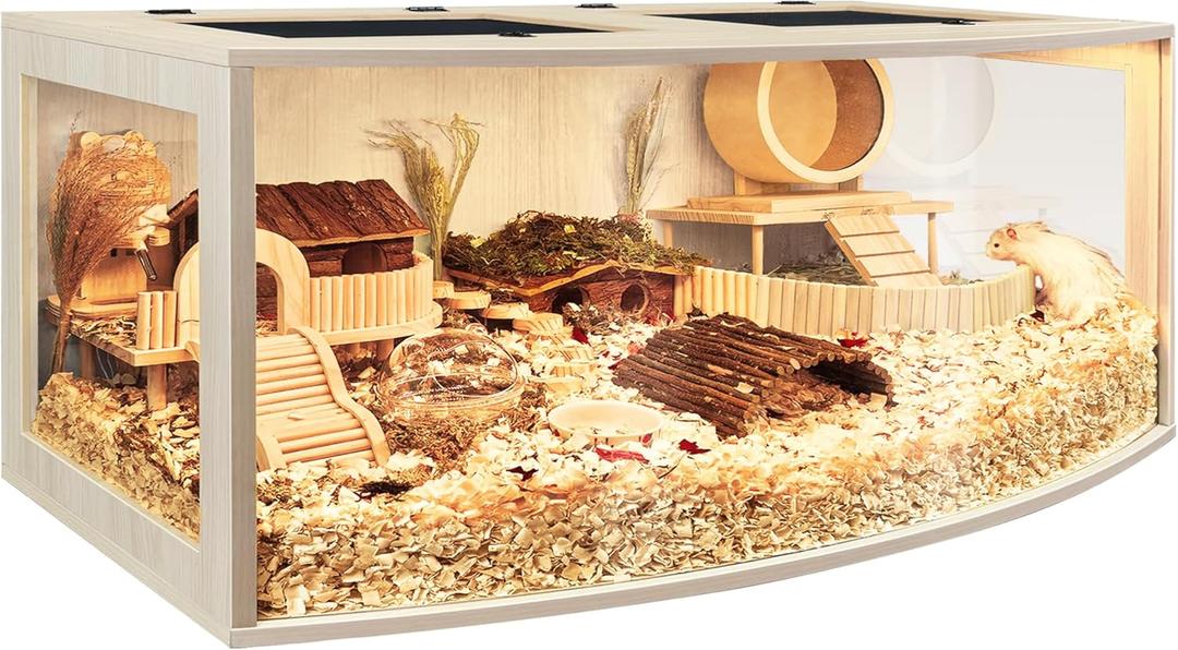 Prolee Hamster Cage Chew Proof Wood, Hamster Enclosure Openable Top with Curved Design,Waterproof Small Animals Cage with Acrylic Sheets for Gerbils,Hamsters Habitat (48"x20"x20")