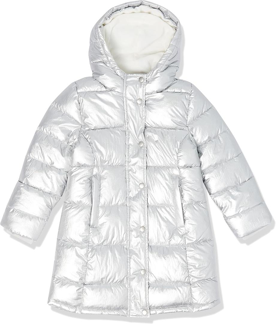 Amazon Essentials Girls' Little Long Heavy-Weight Hooded Puffer Jackets, Metallic Silver, Large