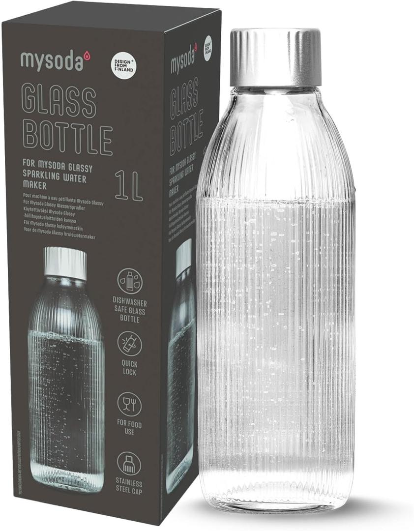 Mysoda Glass Carbonating Bottle 1L Silver - Compatible Only With MySoda Glassy Sparkling Water Maker - Quick-Lock Reusable Bottle - Lid and Base Made of Aluminum - BPA Free