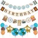 Pirese Travel Birthday Party Decorations Adventure Awaits Happy Birthday Banner Kit with World Balloons, Star Foils & Latex Balloons Let the Adventure Begin, Around the World Travel Party Supplies