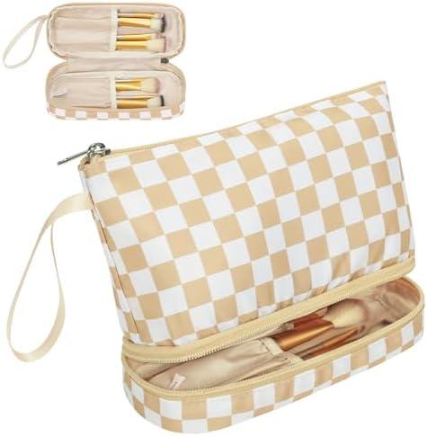 Ethereal Small Makeup Bag, khaki Checkered 2 Layers Travel Cosmetic Bag with Makeup Brush Holder, Portable Makeup Pouch for Women/Girls