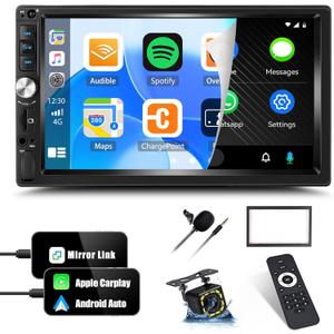 UNITOPSCI Double Din Apple CarPlay Car Stereo, Android Auto Car Audio Receiver 7 Inch Touch Screen with Backup Camera Bluetooth Mirror Link FM USB AUX SD Input Media MP5 Player + Frame Remote Control