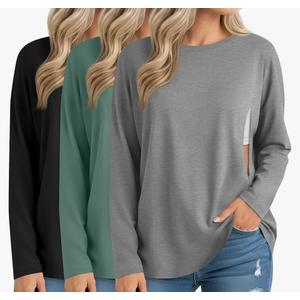 Sweetyweee 3 Pack Women's Nursing Breastfeeding Tops Long Sleeve Maternity Shirts Oversize Hidden Zipper Pregnancy Clothes. Medium