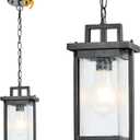 Outdoor Pendant Light Fixture with Dusk to Dawn Sensor, Large Outdoor Hanging Light Exterior Lantern, Modern Black Anti-Rust Metal Morden Chandelier for Front Door Entryway Porch (Black) (Black-bubble glass)