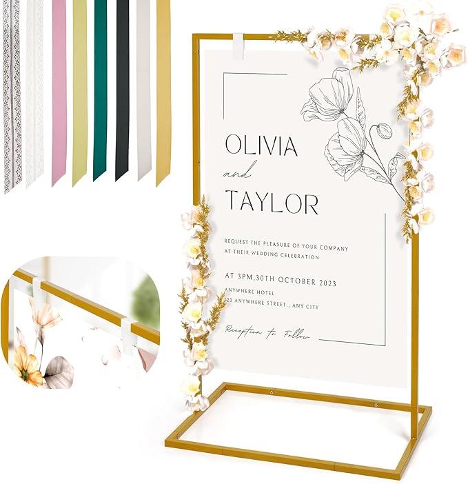 Wedding Welcome Sign Stand, 50”x30”x 20” Heavy Duty Easel Stand for Sign with 8 Pair Satin Ribbon & 2 Leather Strap, Welcome to Our Wedding Sign Holder, Metal Floor Standing Easels for Signs, Poster (Gold)