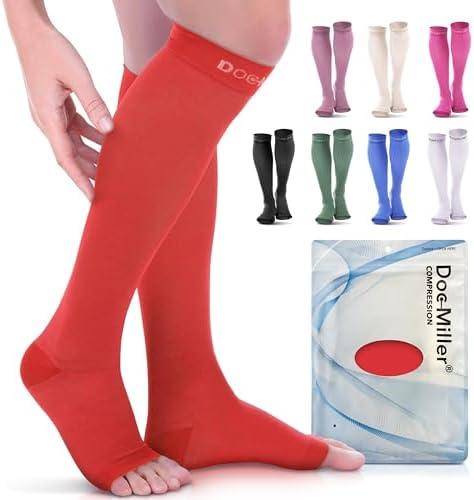 Doc Miller Open Toe Compression Socks, 20-30 mmHg, Toeless Compression Sleeves for Legs, Knee High Stockings for Shin Splints, Varicose Veins, Travel, Calf Support & Muscle Recovery, Men & Women, Pair